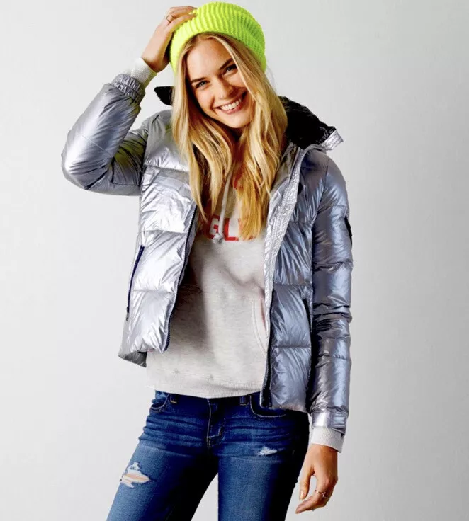 NWT American Eagle Outfitters metallic silver hooded puffer jacket coat