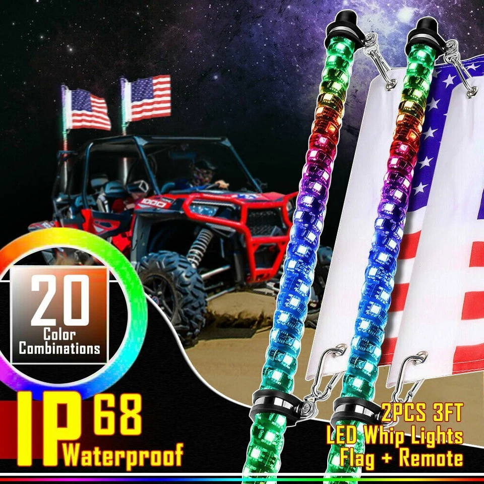 Luz de látigo LED de persecución en espiral de 2X 3 pies con bandera para Can Am Polaris ATV UTV RZR Foto 2 de 4