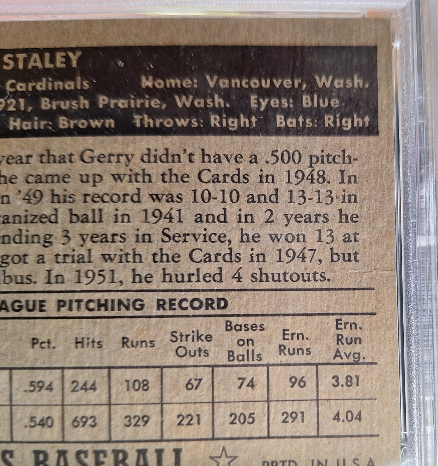 PSA 3 - 1952 Topps # 79 Gerald (Gerry) Staley (Black Back) St. Louis Cardinals view 6