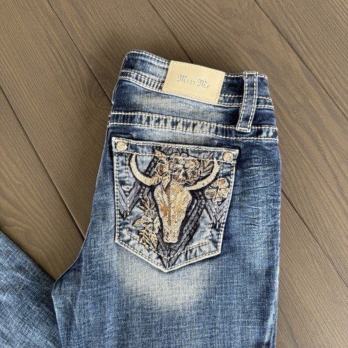 Miss Me Jeans Low Rise Bootcut Womens 28x30 Blue Embellished Stretch Denim *READ - Picture 2 of 19