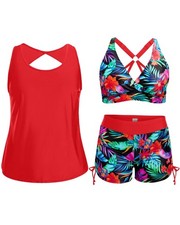 Red Floral Print Plus Size Tankini Swimsuits - Women 3 Piece Bathing Suits Tu...