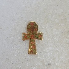 Ankh Cross Pinback Button Floral Gold Tone Metal Egyptian Symbol