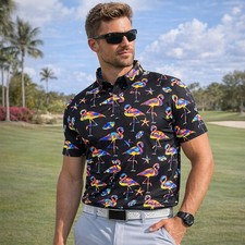 Birdie Bound Flamingo Print Polo Shirt Black Golf Performance Stretch Men's L