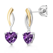 925 Sterling Silver and 10K Yellow Gold Amethyst Dangle Earrings For Women 1.60