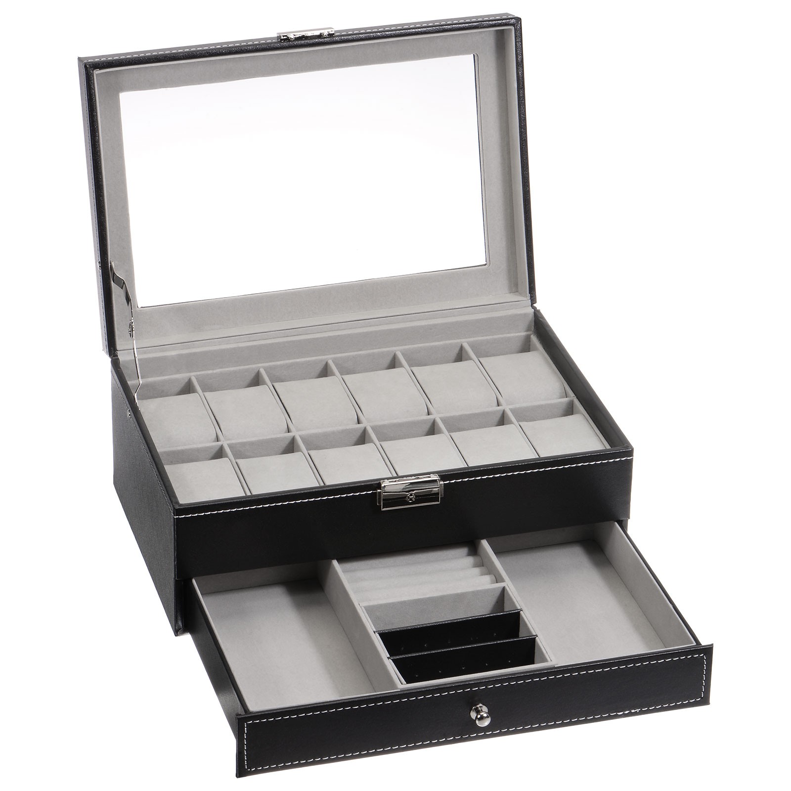 Multipurpose Watch Box 12 Slots 2 Layers with Clear Top PU Leather Display Case