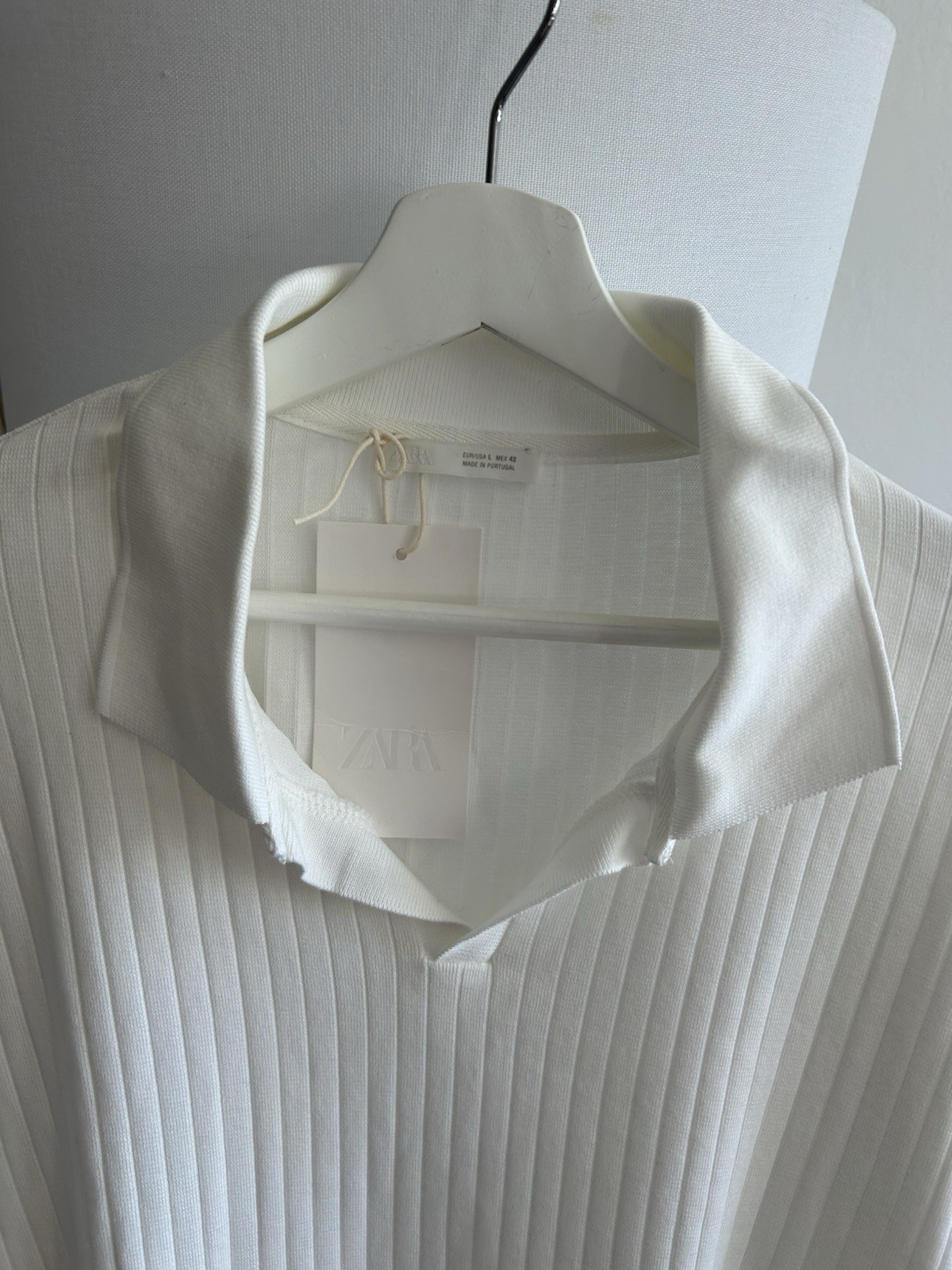 Zara Textured White Polo Shirt L Preppy Old Money Cotton thumbnail 9