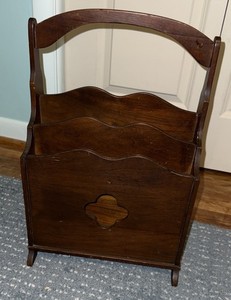 Vintage Magazine Rack colonial revival Wood 1940s handle - decorative cut out