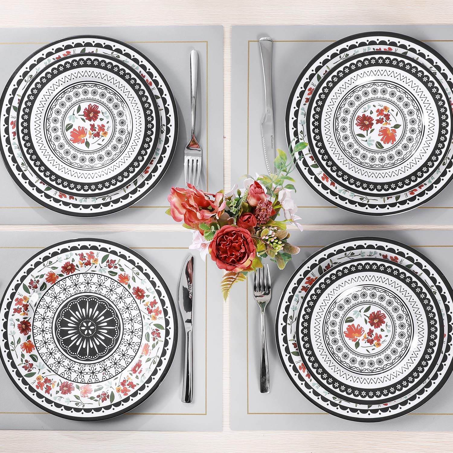 12-Piece Melamine Dinnerware Sets, Unbreakable Dinner Dishes Set for Indoor and