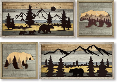 4 Pc Rustic 3D Cabin Wall Decor - Forest Mountain Woodland Bear Farmhouse Decor