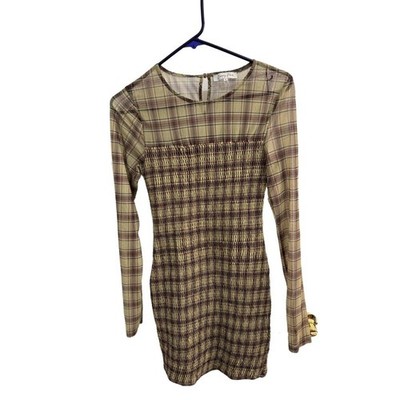 Emory Park Dress Womens Small Long Sleeve Plaid Smocked Bodycon Mini Dress