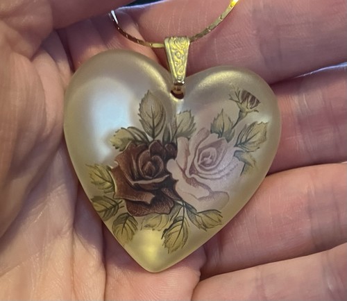 Vintage Hand Painted Heart Necklace Floral Design 2 inch pendant