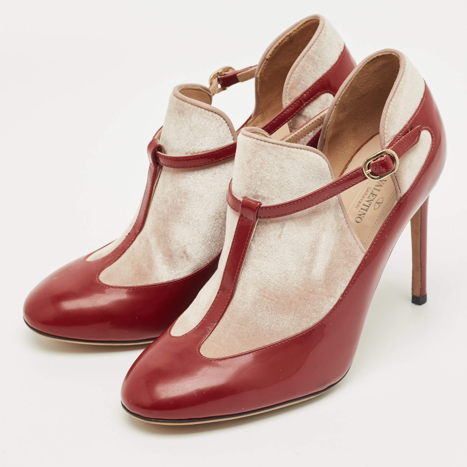 Valentino RedBeige Patent Leather and Velvet TStrap Pumps Size 36.5 thumbnail 2