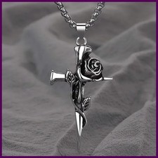 Vintage Rose Cross Pendant Necklace Punk Gothic Choker Stainless Steel Chain