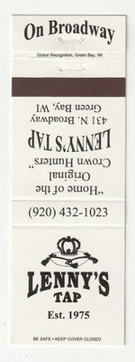 MATCHBOOK COVER - LENNY'S TAP - GREEN BAY WISCONSIN - BAR TAVERN - CROWN HUNTERS