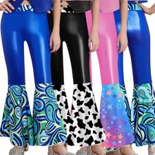 Kids Girls Pants Disco Costume Carnival Trousers Western Patchwork Printed 70s
