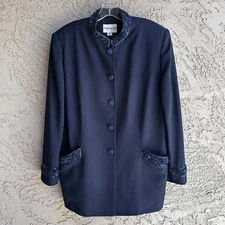 John Meyer Blazer Womens 16W Navy Blue Beaded Collar Cuffs Dressy Jacket Formal