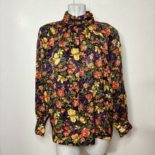 Vintage 90s Bright Orange Purple Floral High Neck Modest Satin Blouse