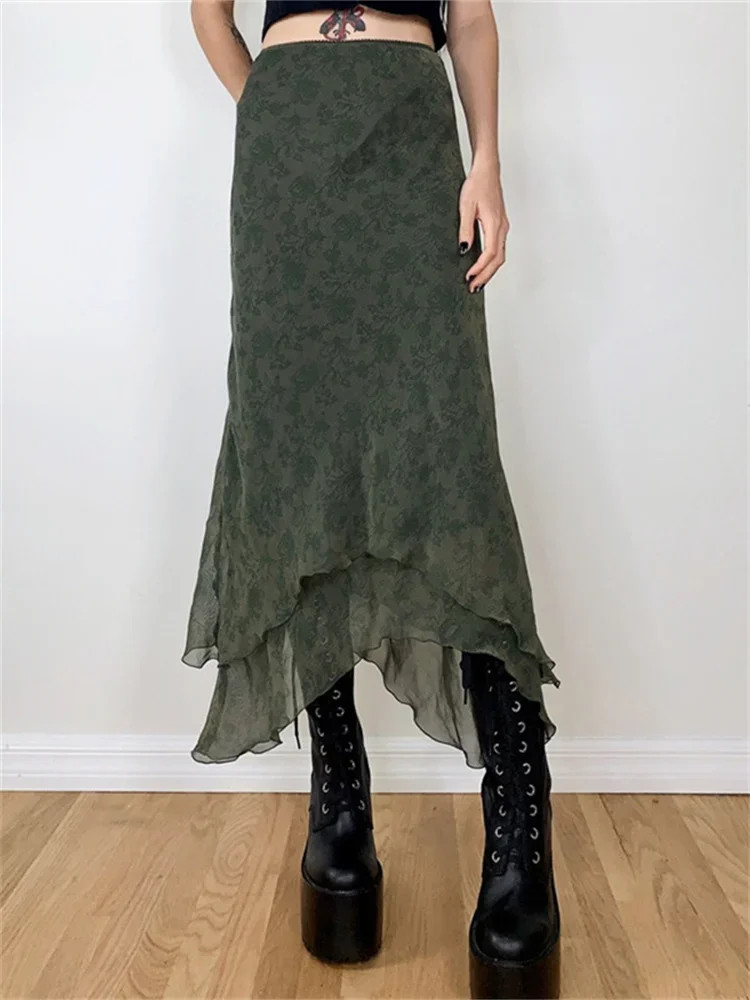 Women Vintage Floral Midi Skirts High Waist Mesh Wrapped Irregular Skirt Y2K Aes
