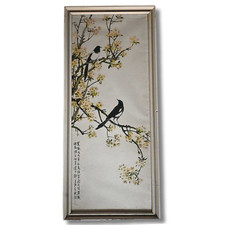 Asiatische Malerei – Zwei Vögel auf blühendem Zweig, mit Kalligraphie