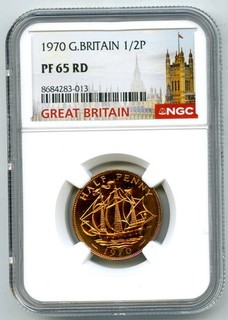 Gran Bretaña 1970 1/2 P medio centavo NGC PF65 RD prueba edición del año pasado Golden Hind