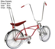 20" LOWRIDER BLUE BIKE W/ 72 SPOKE CHROME RIMS, 22" LONG HANDLEBAR & BENT FORK.