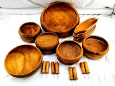 Salad & Corn Serving Sets - Carabao Monkey Pod & Myrtlewood - 23 Piece Mixed Lot