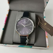 Image of Sara Miller London Charm Collection Silver Plated Navy Leather Strap Watch 