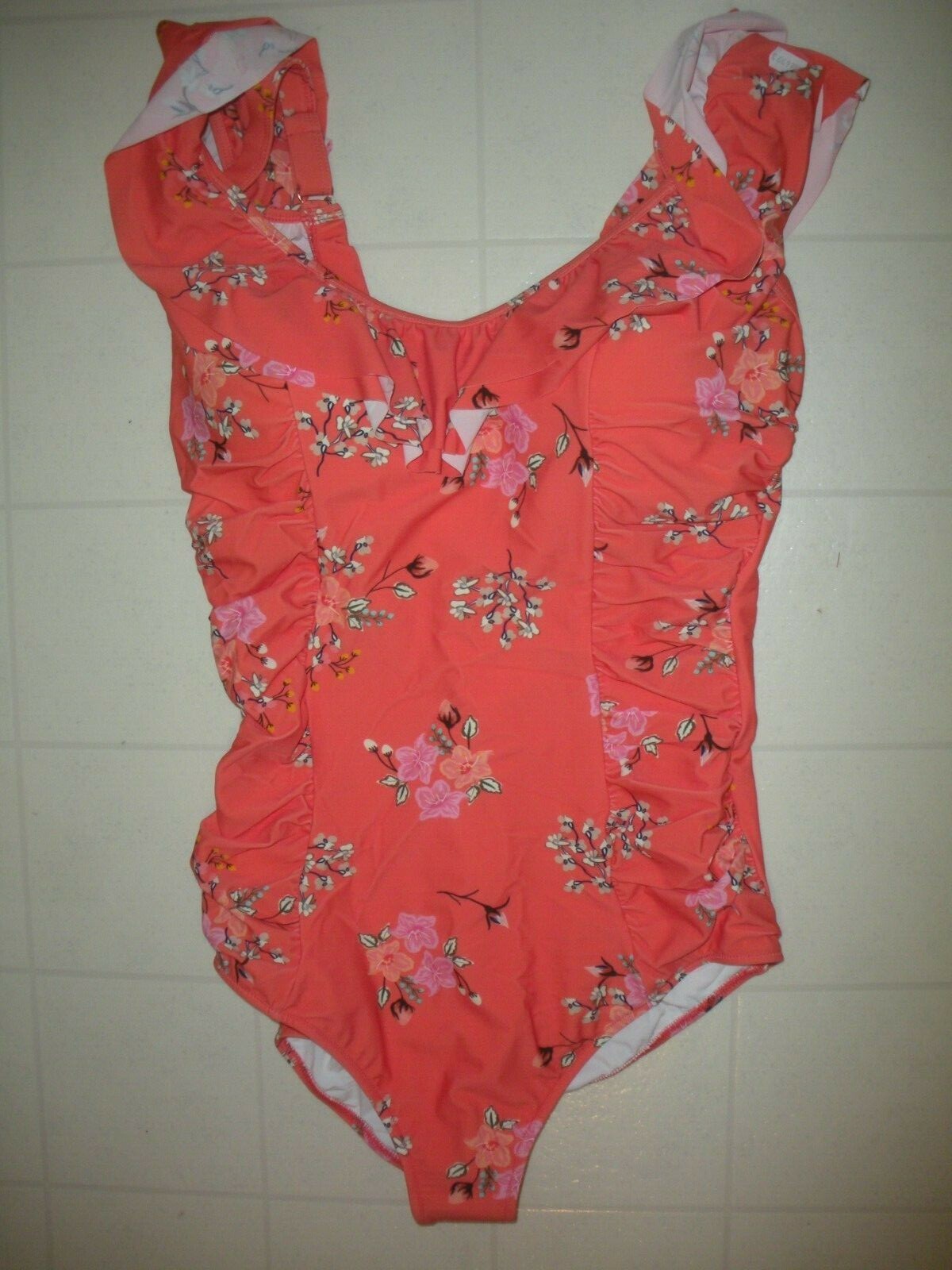 Profile Gottex Peach Floral 1 PC Flounce Over the Shoulder Swimsuit Sz
