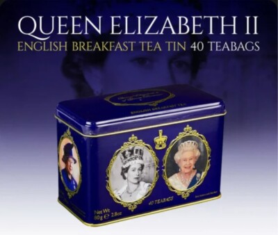 茶 Queen Elizabeth II-English Breakfast Tea Collectible Queen Elizabeth English Breakfast Tea Tin Blue Sealed