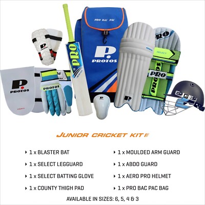 Protos Cricket kit - Junior set Helmet, Gloves, Pads, Thighguard, Armguard, Bag