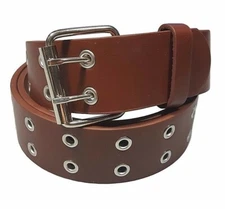 Men's Women's Genuine Leather Two Rows Silver Grommet Double Holes Brown Belt