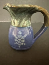 Tait Pottery Pitcher Signed Turtle Blue Green Syrup Cream Made in Vermont Pretty