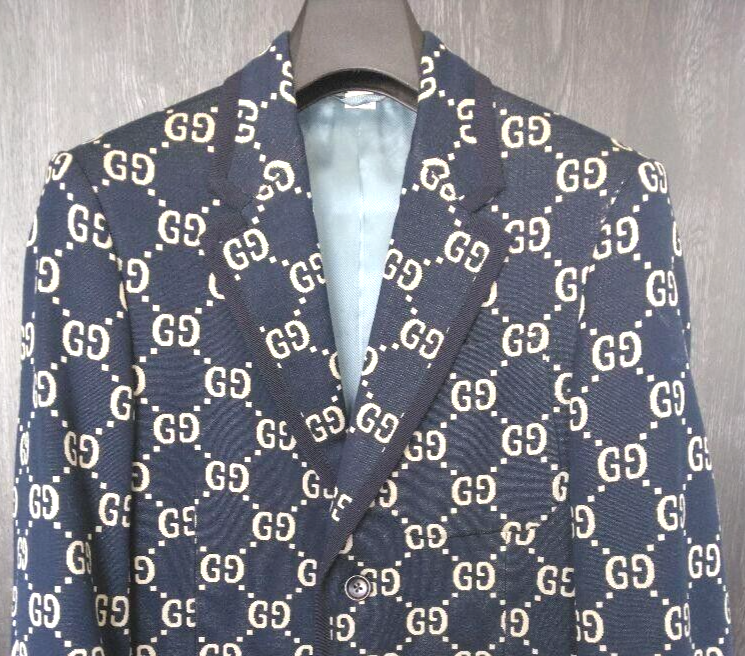Gucci Tailored Navy Men's Jacket GG Jacquard Size 44 Cotton 521889