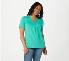 Denim & Co. Perfect Jersey Pleated V-Neck Top-True Turquoise-Medium A378204