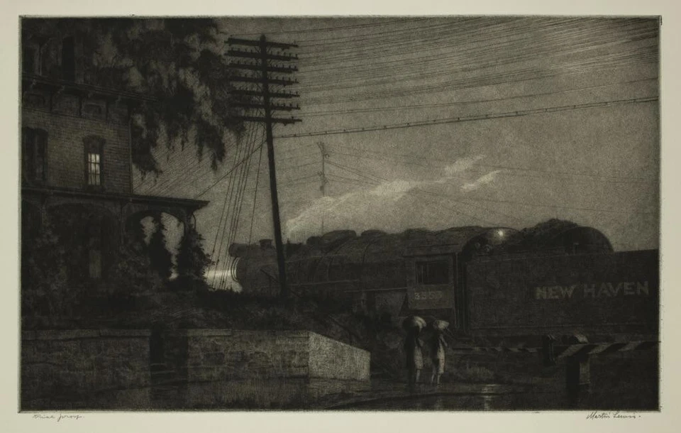 Passing Freight – Martin Lewis 1934 Nocturne Etching Drypoint Print Atmospheric - Image 2 of 2