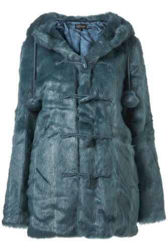 New TOPSHOP faux fur pom pom duffle coat UK 8 in Kingfisher - Picture 1 of 4