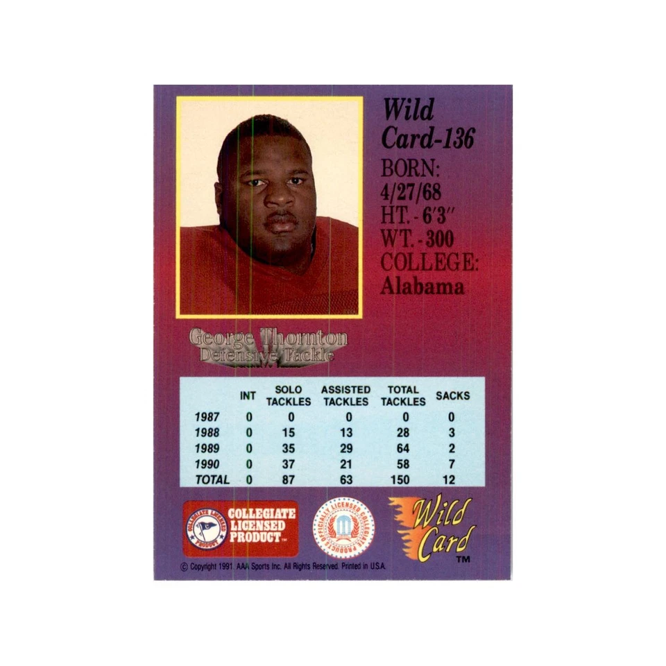 1991 Wild Card George Thornton Football Cards #136 - Image 2 of 3