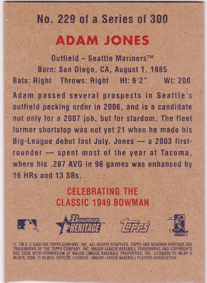 ADAM JONES 2006 Bowman Heritage ROOKIE CARD M's Orioles Baseball FOIL INSERT RC - Image 2 of 2