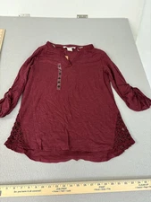 American Rag Shirt Womens XL Burgundy Lace Trim Crochet Sleeve Boho Top New
