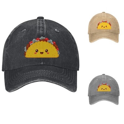 Taco Print Baseball Cap, Washed Cotton Dad Hat, Adjustable Curved Brim