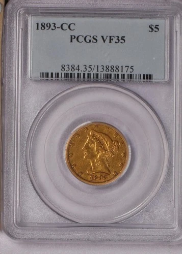 1893-CC Gold Liberty Head $5 PCGS VF35. Rare Carson City. Only 14 this grade