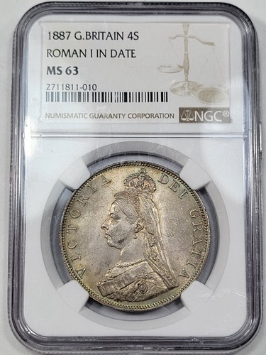 1887 Great Britain Double Florin NGC MS63 Roman 1 Victoria 4 Shillings *M675