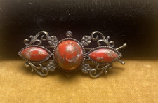 Antique/VTG Victorian Ornate Metal W/Coral Color Cabochon Stones Small Barrette