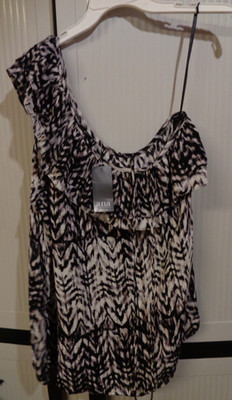 NEW WOMENS ANA ABSTRACT ONE RT SHOULDER  XL RAYON BLOUSE TOP W/RUFFLE & SIDE ZIP