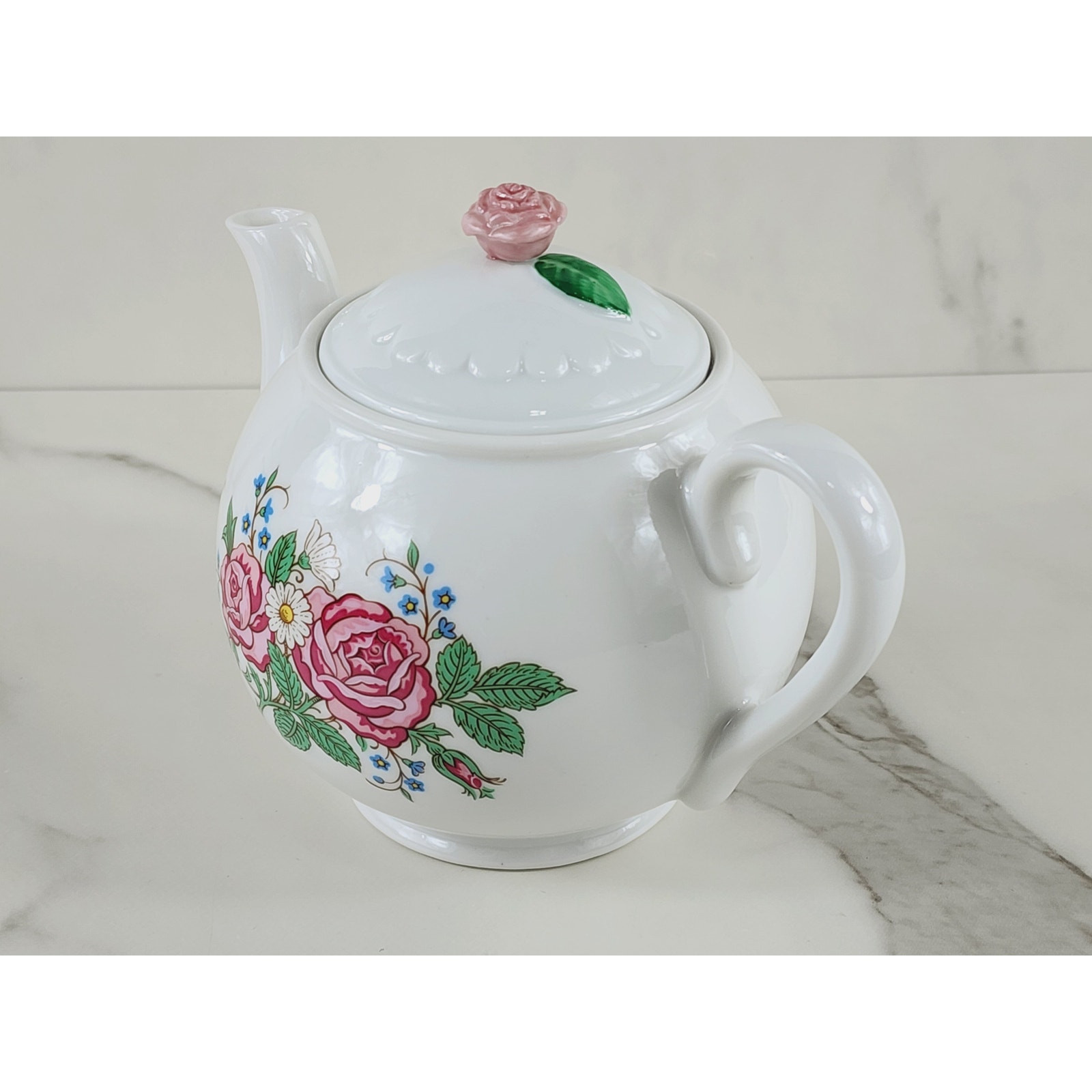 Hallmark Teapot w/ Lid Pink Rose Pattern White Porcelain 7" Dinnerware Vintage