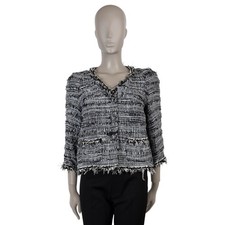 71908-1 auth CHANEL black white 11S FEATHER  FRINGE TRIM TWEED Jacket 40 M