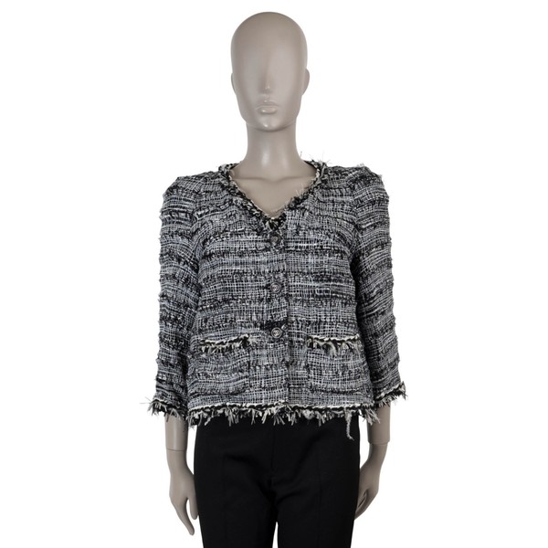 71908-1 authentische CHANEL schwarz weiß 11S FEDER & FRANSENBESATZ TWEED Jacke 40 M