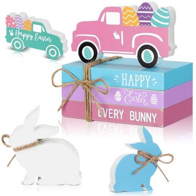 5 Pcs Easter Tiered Tray Decor Happy Easter Table Decorations Farmhouse Wooden..