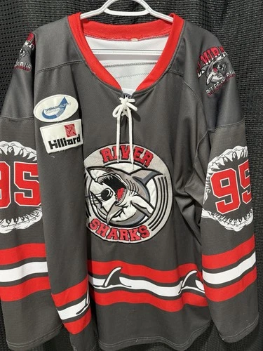Game Worn Used FPHL Elmira River Sharks Hockey Jersey NHL AHL ECHL UHL FHL IHL.