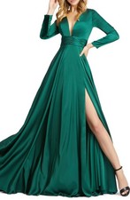 IEENA FOR MAC DUGGAL 55245 Long Sleeve Satin A-Line Gown Sz 10 Emerald